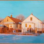 Painting of two almost identical houses in the snow. In front of one of the houses is a girl in all black holding a sign and another person on their knees in the snow holding a cross bow.