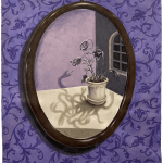 Minyoung Kim painting of oval mirror on purple floral wallpaper. Mirror is showing image of potted flowers, whose shadows are menacing and snake-like