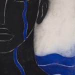 Hilda Palafox diptych of face of black hair and black faced woman crying blue tears into blue body of water - image is detail of face