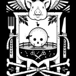 Black and white illustration of a crest like composition depicting a pigs head wearing a crown, a fork and knife, and a silhouette of a grazing sheep, a bird, and shears by artist Jeremy Fish