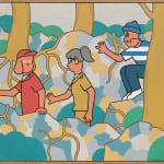 Painting of three figures walking through a forest along a trail with three trees and bushes surrounding them