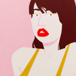 Painting of woman in yellow top and red lips on a pink background by Jillian Evelyn