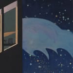 painting of the side of a building with a window and the night sky