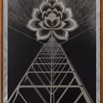 cell tower type stricture with a lotus flower at the top in grey scale