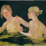 Painting of two naked women in a body of water in the dark. They both have their arms raised above the water level facing each other.