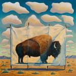 Painting of a buffalo painted on a white banner in the desert with tons of clouds and mountains in the background