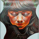 Portrait of a woman with dark brown hair and bangs facing the viewer with her eyes closed and her head turned down. There are trees in the background and an abstract blue shape creating a border around her face.