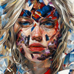 up close portrait of a blonde woman with images of superman spliced with her face