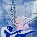 Leonard Reidelbach - monoprint of a figure laying by a spa pool with a shower head pouring water from above.
