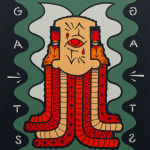 Painting by GATS of one of their characters in yellow, red and orange on a green and black background