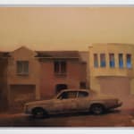 Kim Cogan - painting of street view of side walk and builing with oone car park parked in the center of the painting, the general tone is gloomy and yellow