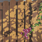 Natalia Juncadella painting of wooden fence with shadows cast over it and orchid