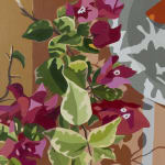 detail of Natalia Juncadella painting of tiles, orchid, oranges on plate and shadows