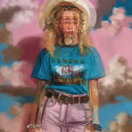 painting of a girl with a cowboy hat against pink clouds by Alex Garant