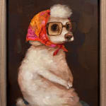 A painting of a seated white dog wearing a pink and yellow headscarf and brown square glasses.