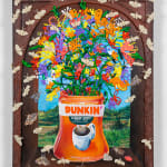 Nic Dyer's painting of colorful flowers displayed in a Dunkin Doughnuts can