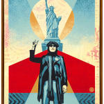 image of john lennon standing holding a peace sign in front of the statue of liberty highlighted by a goldish yellow circle with a blue and red background