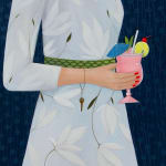 Angela Burson's painting of a woman in a dress holding a pink tropical drink