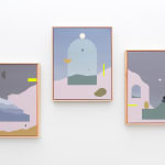 three Madeleine Tonzi paintings of abstracted desert landscapes in dusk pastel tones