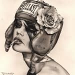 Brian M. Viveros drawing of woman in boxing helmet smoking cigarette