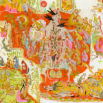 Detail shot of Mu Pan painting of animals and human hybrid creatures eating, fighting, sleeping, etc