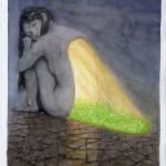 Painting of nude crouching woman with light coming out of her back