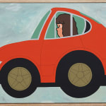 Painting of a red car on a light blue gray background with a woman with long brown hair sitting in the drivers seat