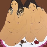 painting of two large nude women kneeling on an embroidered, lacy cloth with a single red rose and brown snail between them by Gina M. Contreras