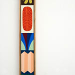 Vertical painting with small designed stacked on top of each other featuring a yellow flower, a red feather, a sun, a checkered green design, a diamond shaped design and a blue flower