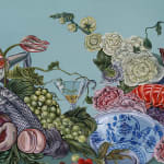 Detail of Sabrina Bockler painting of feast on table, flowers, fruit, lobsters, etc