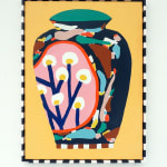 painting of a vase with flowers in it with a checkered frame