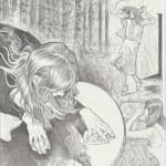 Drawing of a woman looking into a mirror on the ground. In the background are two other women in the woods