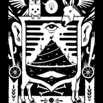 Black and white illustration of a crest like composition depicting an ass, ears, an eye, cacti, wooden wheels, an owl, and a mule, with a silhouette of a mountain, cacti, and mule at the top of the mountain by artist Jeremy Fish.