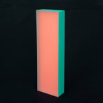 Rachel Strum - epoxy neon sculpture of vertical rectangle strip - orange and Turkish green.