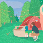 Danym Kwon - detail of "Listening to You",On one vase painted a father bringing his son to camping in a forest with a red tent and a big basket.