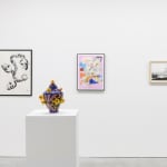 Install Image of "Oddkin", from left to right, “THIS THING OF OURS”, “Untitled Urn #6”, “Pale Lilac Trash”, “A Craving”.