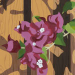 Detail of Natalia Juncadella painting of wooden fence with shadows cast over it and orchid
