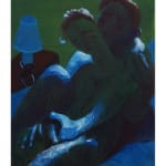 Painting of two people on a bed in the dark. One person is holding the other from behind. There is a nightstand with a small white lamp.