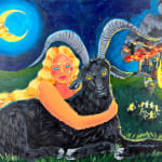 Serena Viola Corson - Painting of blonde woman cuddling a black lamb under the moon and by a city on fire.