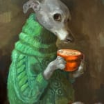 dog wearing a green sweater holding a coffee mug