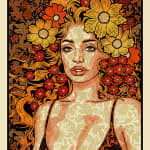 Red, Orange, and yellow portrait of a woman with flowers on her head