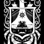 Black and white illustration of a crest like composition depicting a large seagull, crab legs, anchors and thick rope flourishes with a silhouette of two crabs in roller skates by artist Jeremy Fish