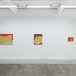 installation of Gina M. Contreras exhibition - white wall with three paintings of nude female figures. From left to right: "Rata De Dos Patas," "Las Babosas," and "Disillusioned Bonds."