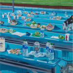 Painting of stadium seating at a baseball field with food and drinks spread out all over the tables.