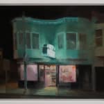 Kim Cogan - painting of a store from street view at night with its light still on and cyan sign light