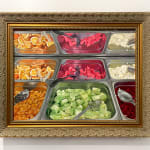Painting of a buffet counter full of different foods in metal tins.