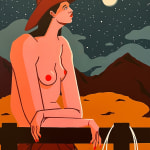 Painting of a cowgirl topless leaning over a wooden post with a desert background in the background