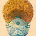 drawing of a blue vase filled with many yellow flowers