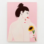 Painting of woman on pink background hold ing a sunflower by Jillian Evelyn