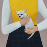 painting of a woman wearing a yellow sweater vest and white collard shirt holding a small white dog in their arms by Angela Burson